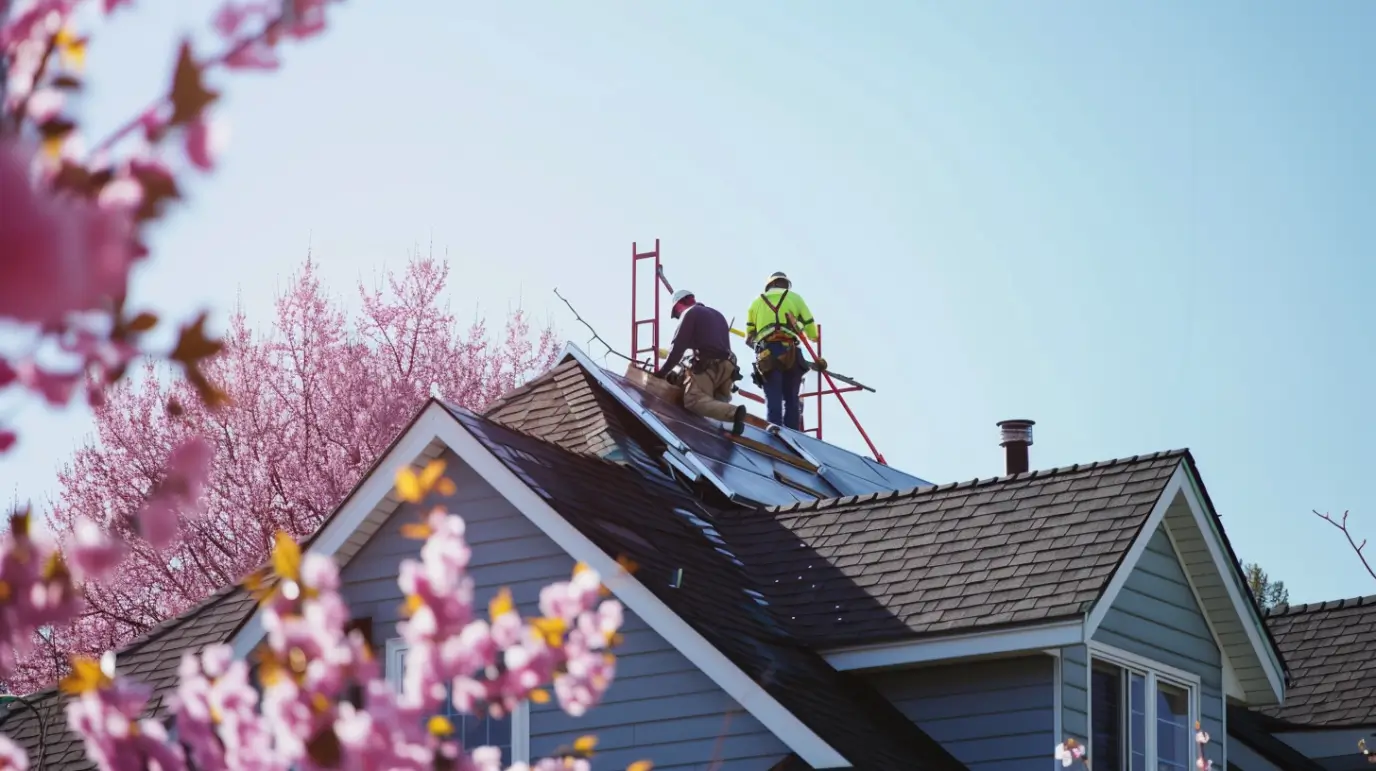 Portage, MI Spring Roof Tune-Up: What to Inspect After Freeze–Thaw Season 5 dima90 realistic photo of a roofing crew working on a resident baece99d 1e09 4e63 905b 996d391e2d84
