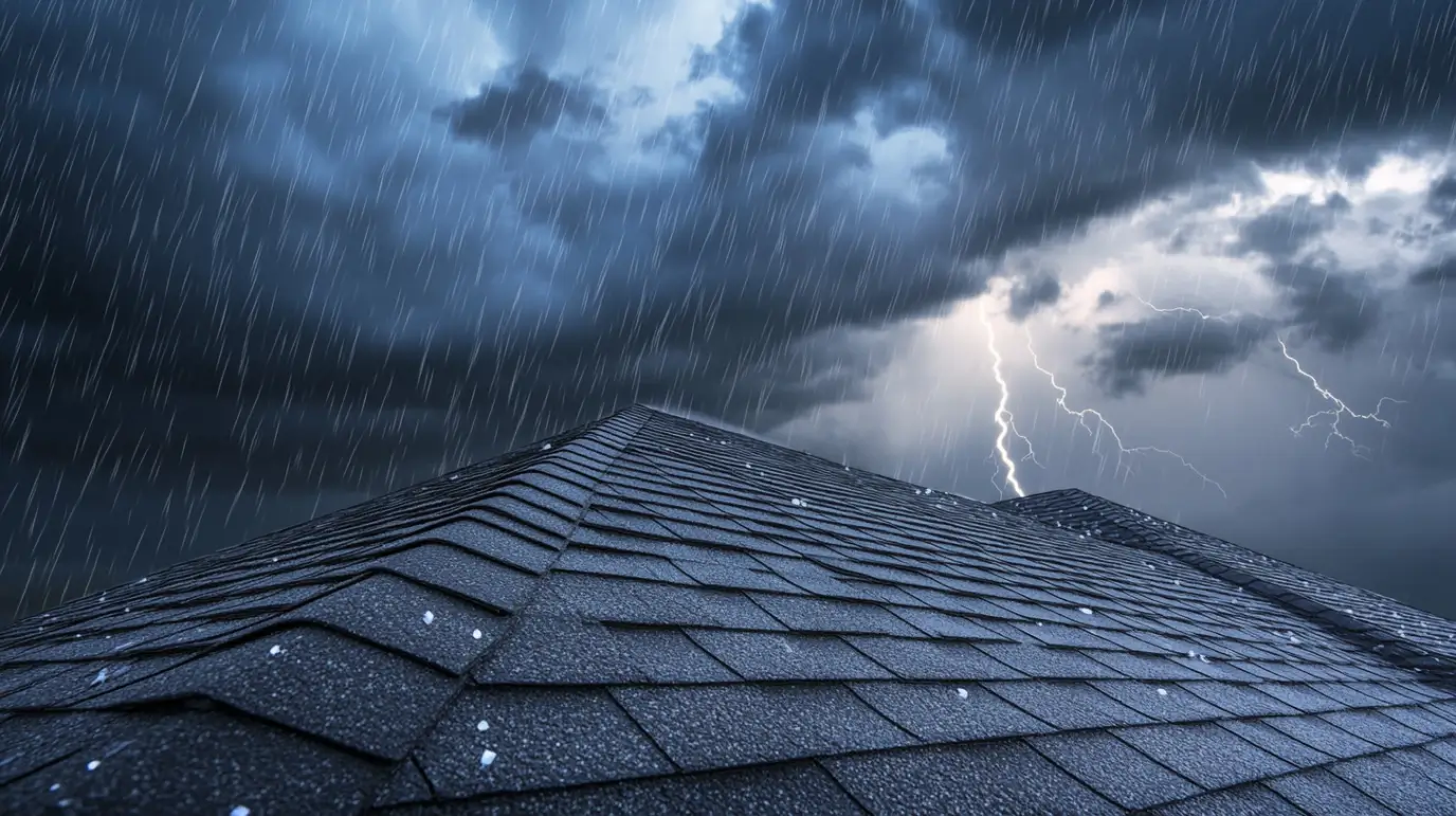 dima90 Hail storm on an asphalt shingle roof angled view dista b2254068 c554 43e2 8eaf 3d20be0408a4