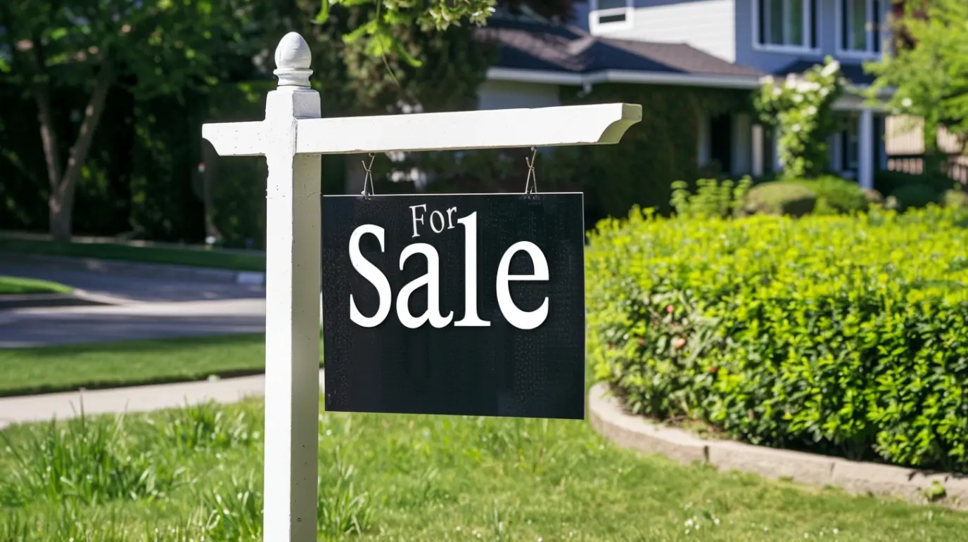 dima90 Real estate for sale sign hanging on a white post black 335c4817 15e9 4032 bdcf f583c28ff4e8