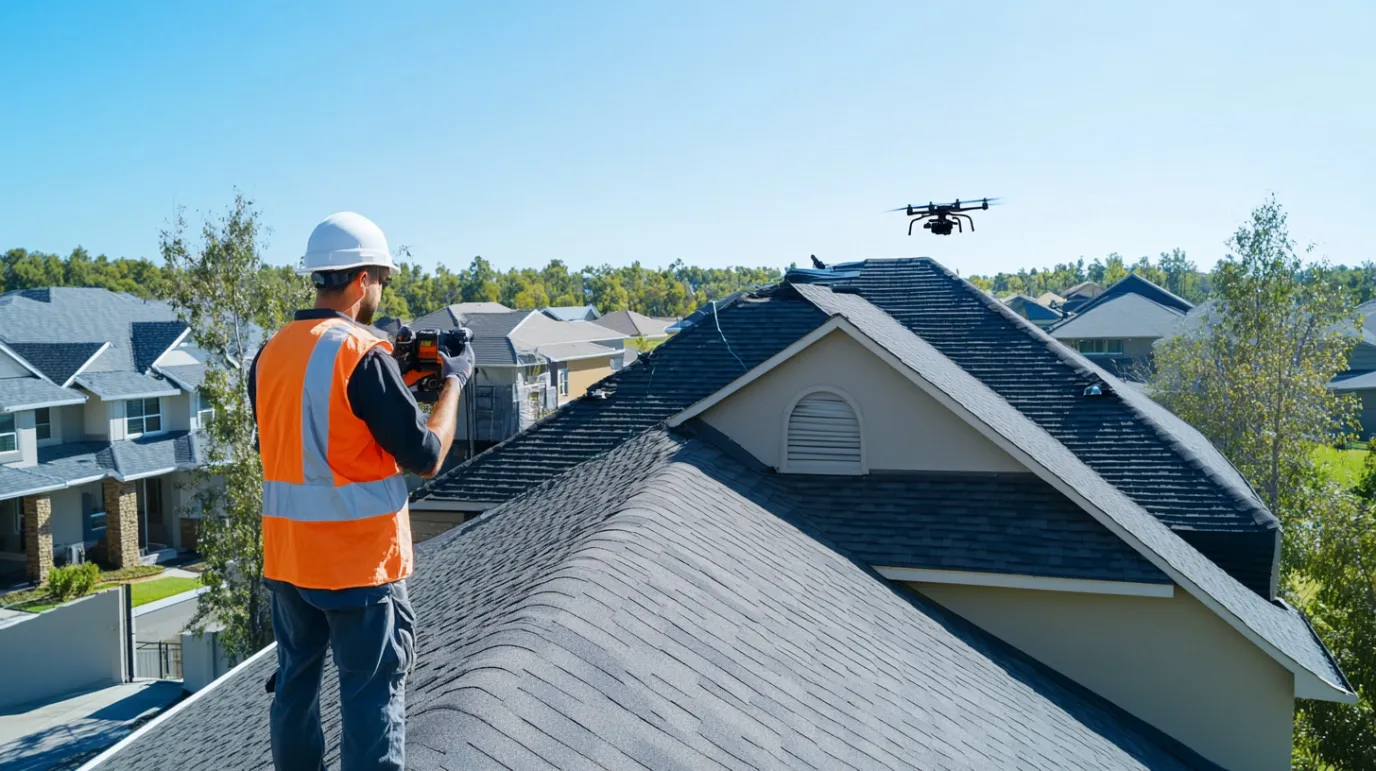 Kalamazoo Roof Inspection Checklist for Homebuyers: What to Look at From the Ground 6 dima90 Realistic photo of a professional roofer inspecting a r f691f354 e6ba 43f8 af9a 603473c61b8a