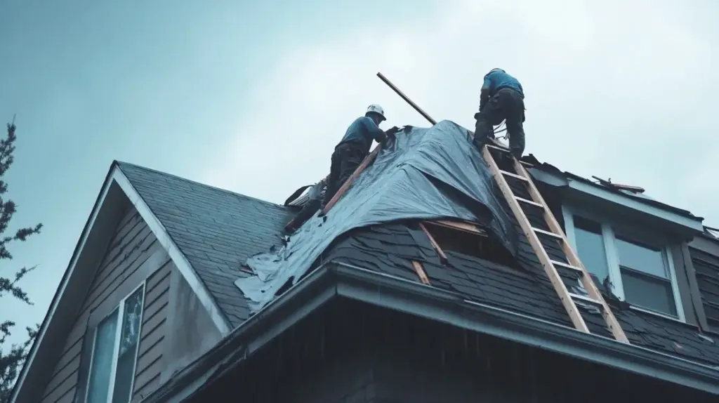 dima90 a residential home with roofers doing emergency roof re 5d727717 7a47 414a 9767 f5a646cceee2