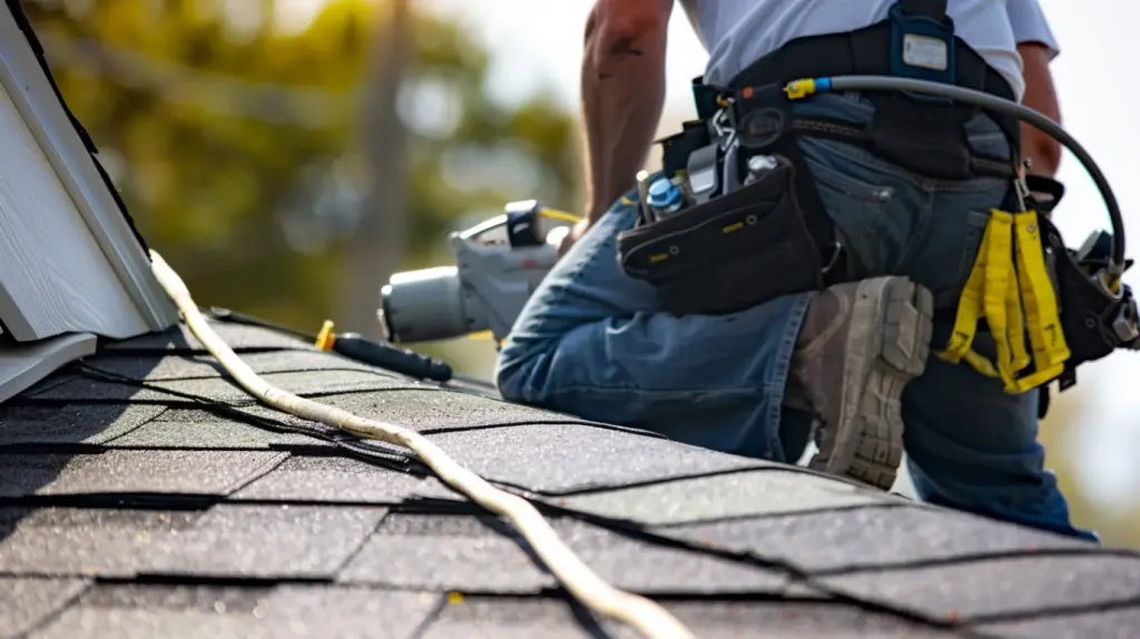 dima90 realistic photo of a single roofer positioning professi 8ff7b908 74f3 4162 aeea b9fa092f092a